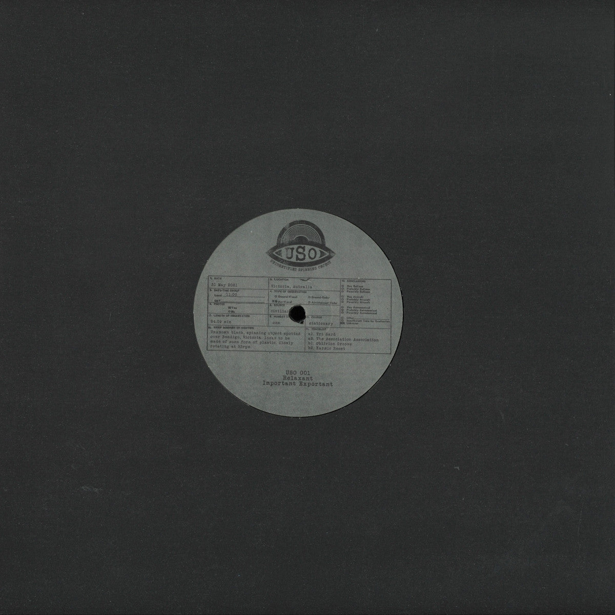 Back side of Vinyl Future Relaxant – Important Exportant vinyl record with visible label and grooves in a close-up shot.