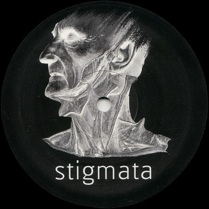 Second Hand Stigmata vinyl record with back cover art, featuring dark, abstract design and album details on the sleeve.