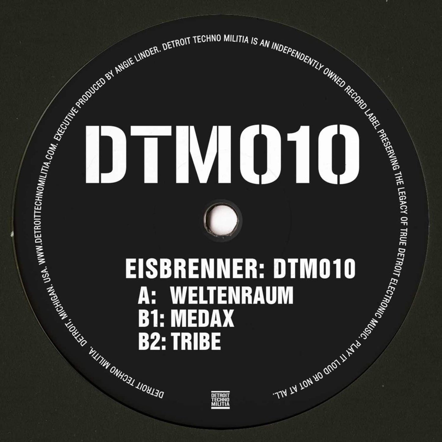 Decks EISBRENNER DTM010 vinyl record with black label and silver text, showing side back with track details and artwork.