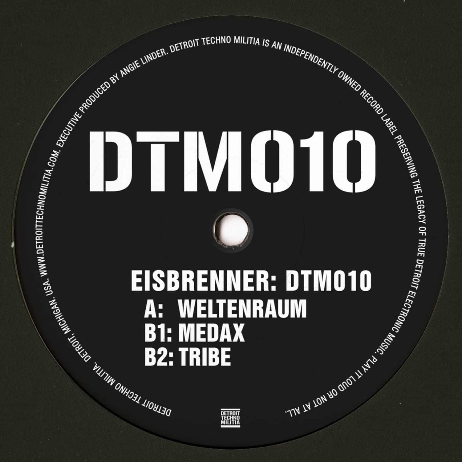 Decks EISBRENNER DTM010 vinyl record with black label and silver text, showing side back with track details and artwork.