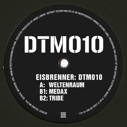 Decks EISBRENNER DTM010 vinyl record with black label and silver text, showing side back with track details and artwork.