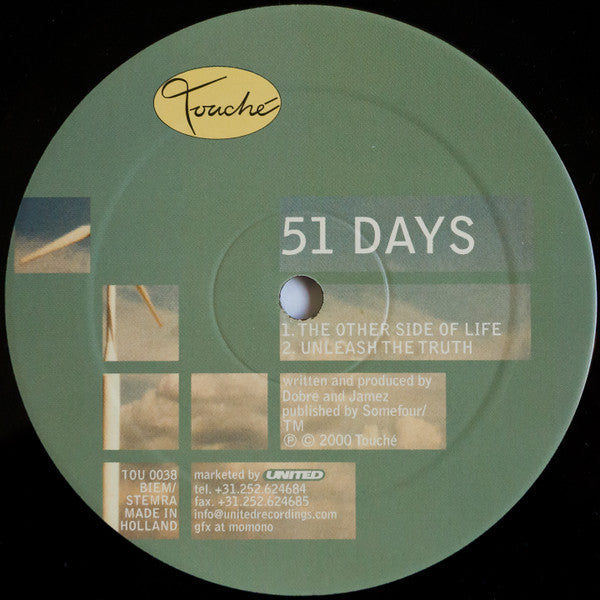 Back cover of Second Hand's 51 DAYS – FEEL SO HIGH vinyl record, showcasing album art and record details.