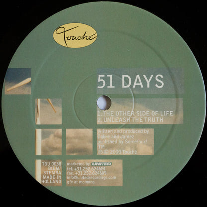 Back cover of Second Hand's 51 DAYS – FEEL SO HIGH vinyl record, showcasing album art and record details.