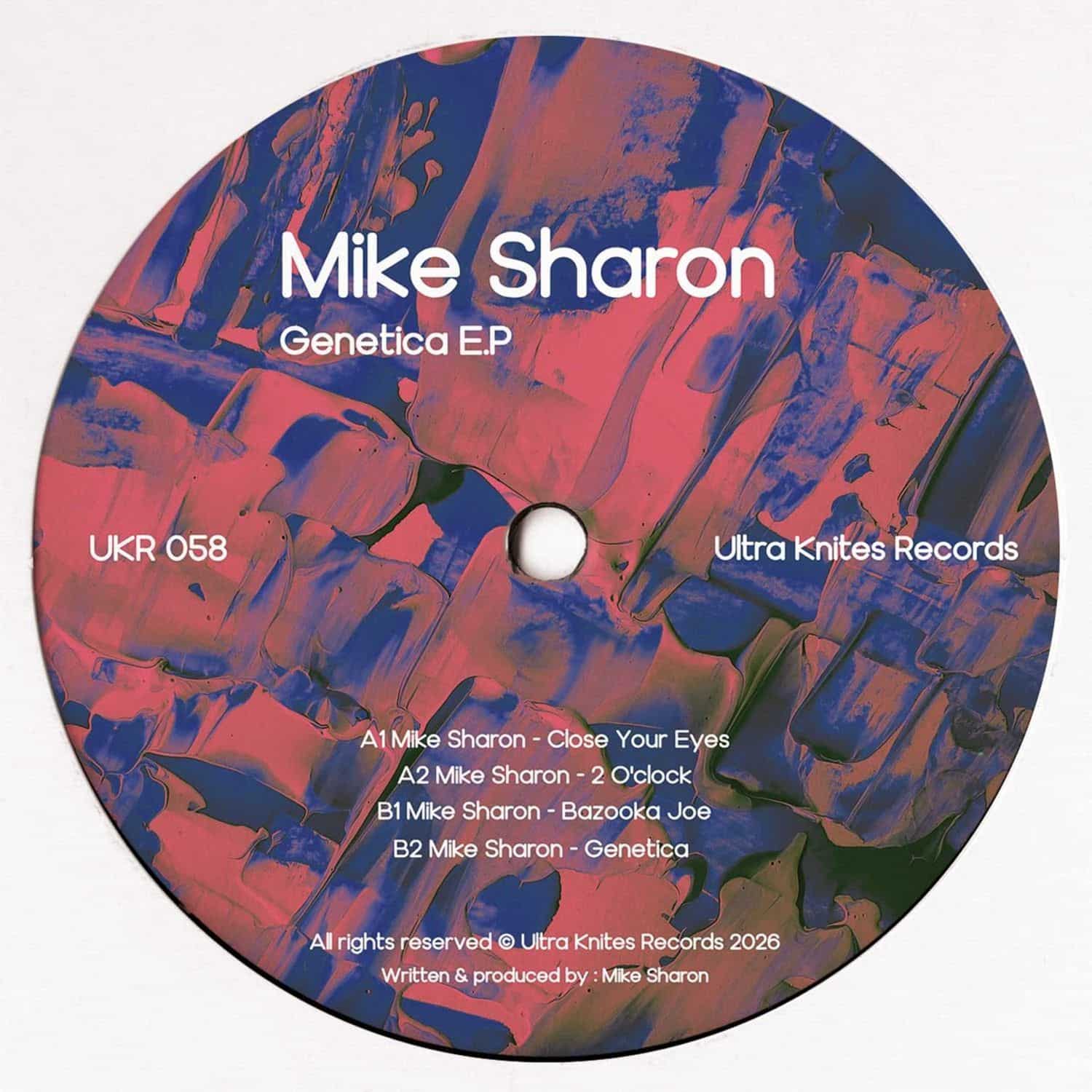 Decks Mike Sharon Genetica EP vinyl record with black and white album cover featuring abstract artwork.
