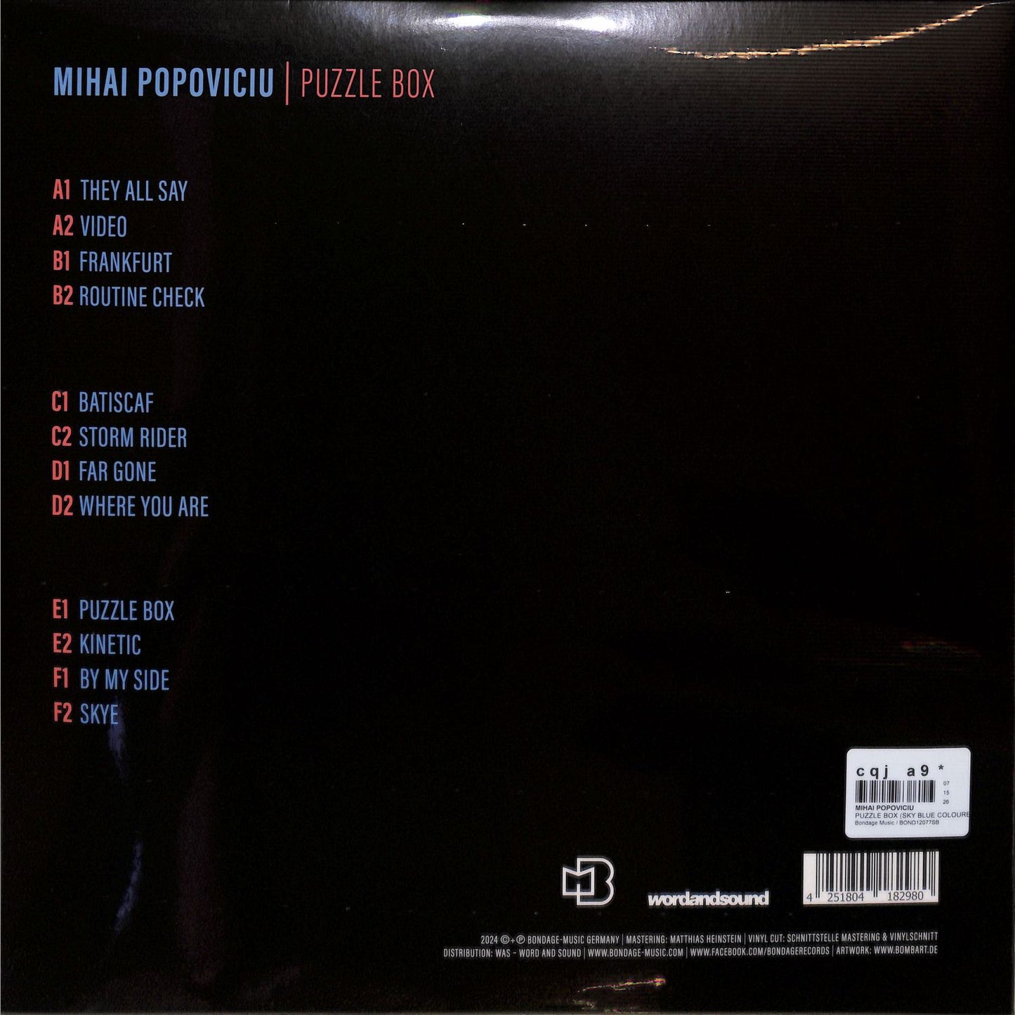 Back of the Word and Sound Mihai Popoviciu Puzzle Box vinyl record with artwork and label details visible.