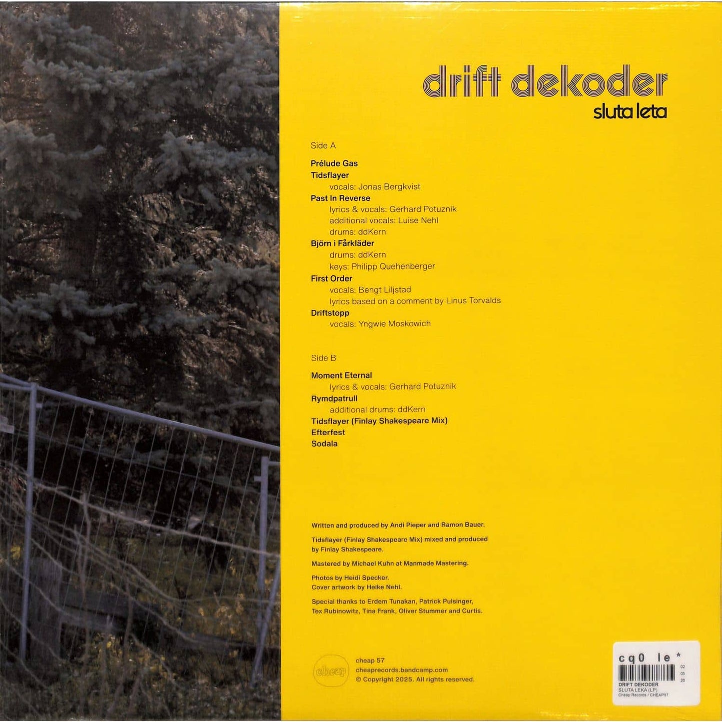 Back of DBH Drift Dekoder vinyl record, "Sluta Leta," featuring black vinyl with label details and album artwork.