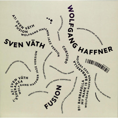 Back cover of the "Fusion" vinyl record by Sven Väth and Wolfgang Haffner, released by Word and Sound, showing artwork and track details.