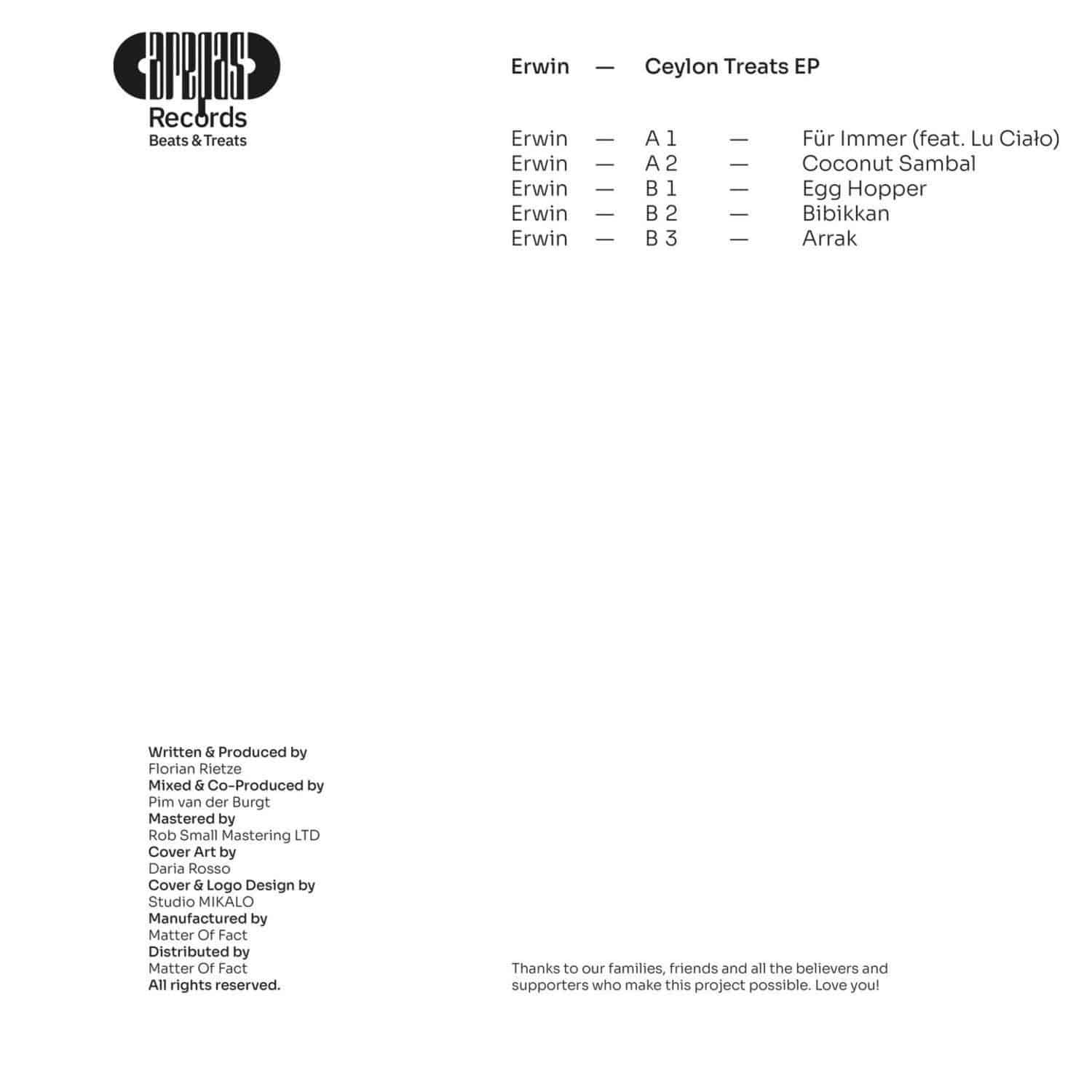 Decks ERWIN Ceylon Treats EP vinyl record back cover showing artwork and track listing.
