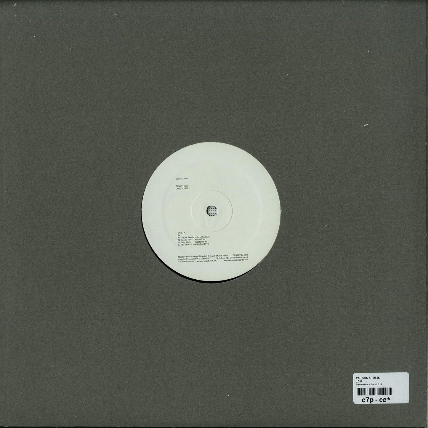 Back cover of second-hand vinyl record "Abdulla Rashim, Claudio PRC, Evigt Mörker, Edit Select" from Semantica 2006-2016 collection.