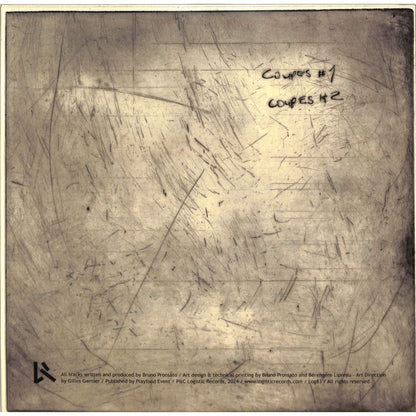 Back cover of Bruno Pronsato vinyl record "Autoportrait en Deux Coupes" by Syncrophone, showing artwork and track details.