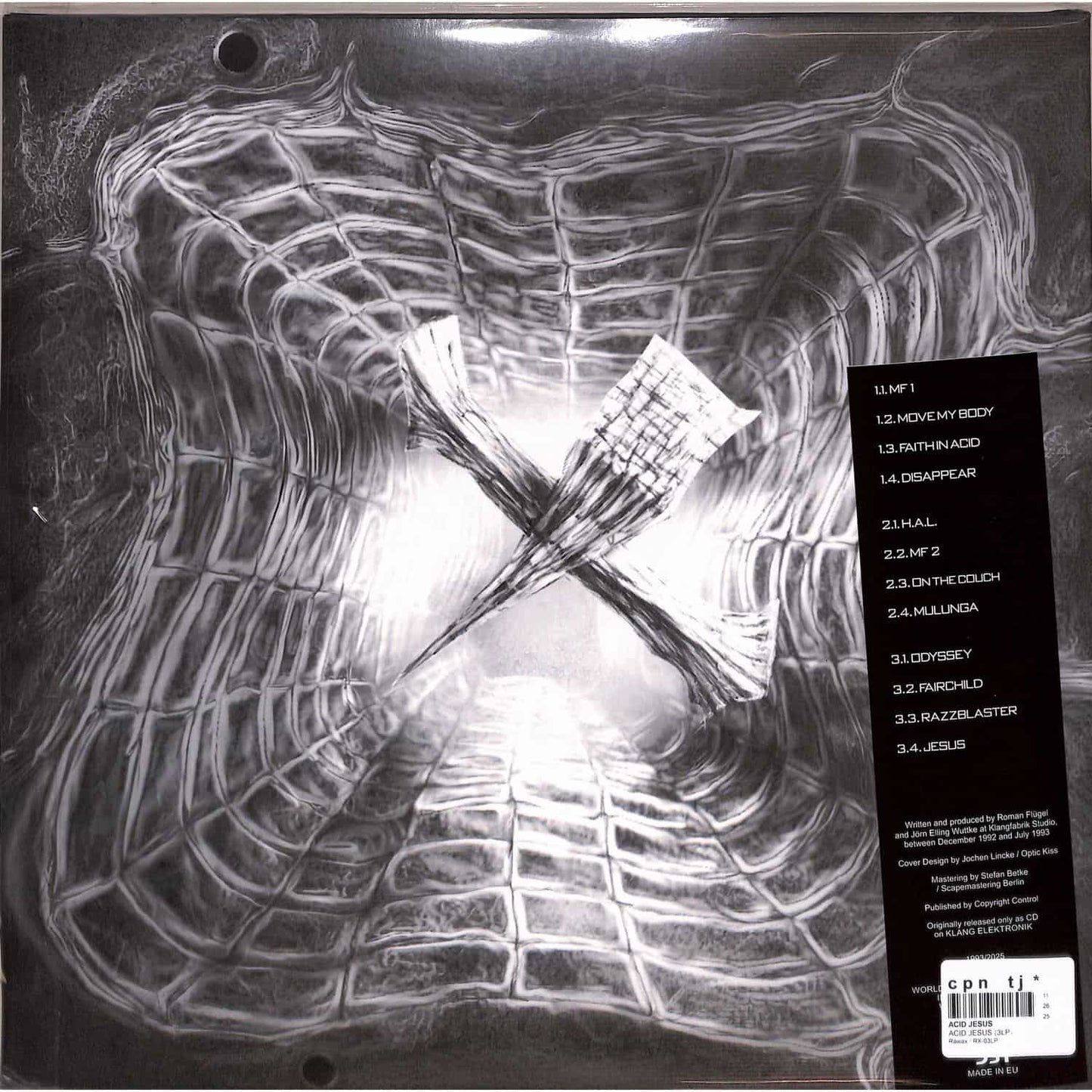 Back cover of ACID JESUS vinyl record by DBH, featuring artwork and track details on the album's packaging.