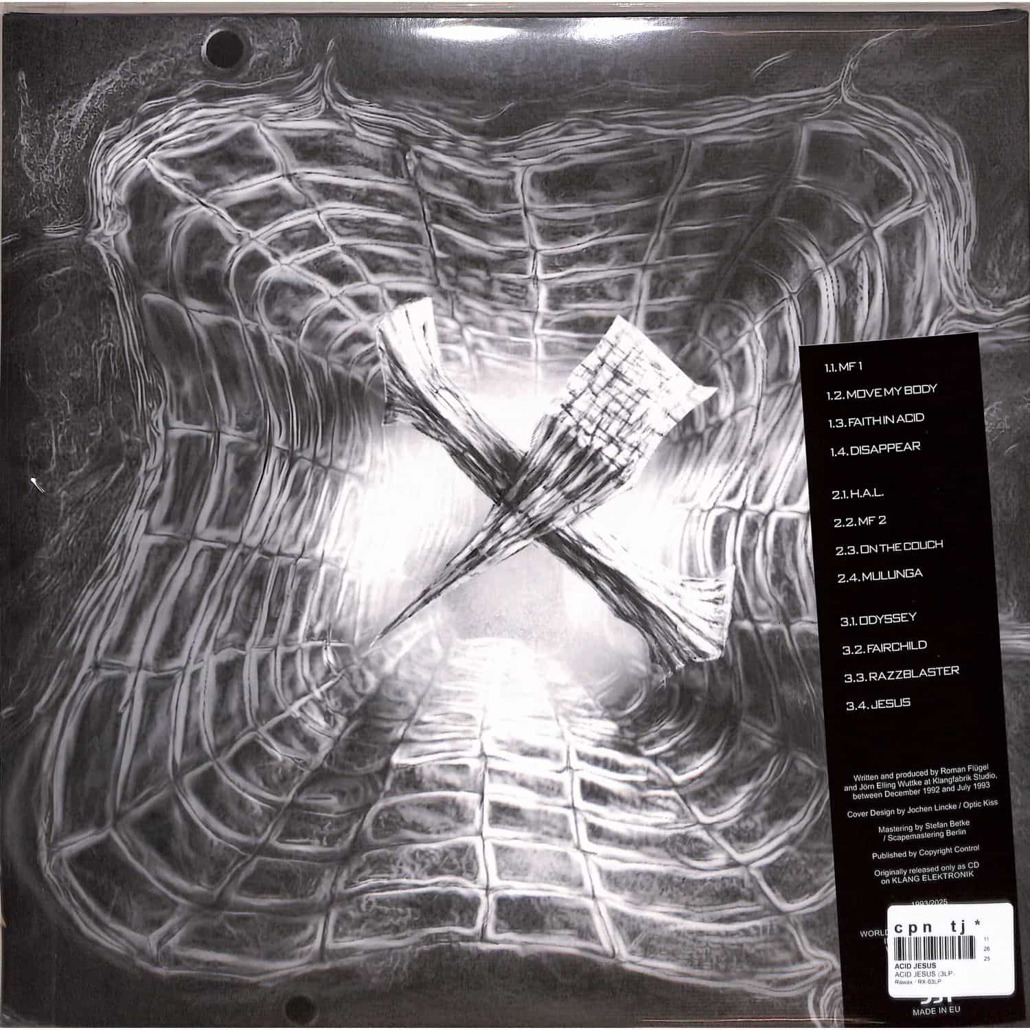 Back cover of ACID JESUS vinyl record by DBH, featuring artwork and track details on the album's packaging.