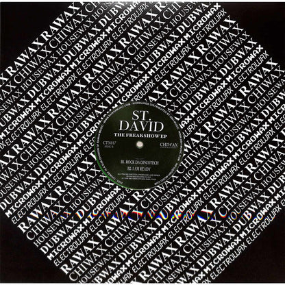 Back cover of DBH's ST. DAVID – THE FREAKSHOW EP vinyl record featuring dark, artistic album artwork and track listing.