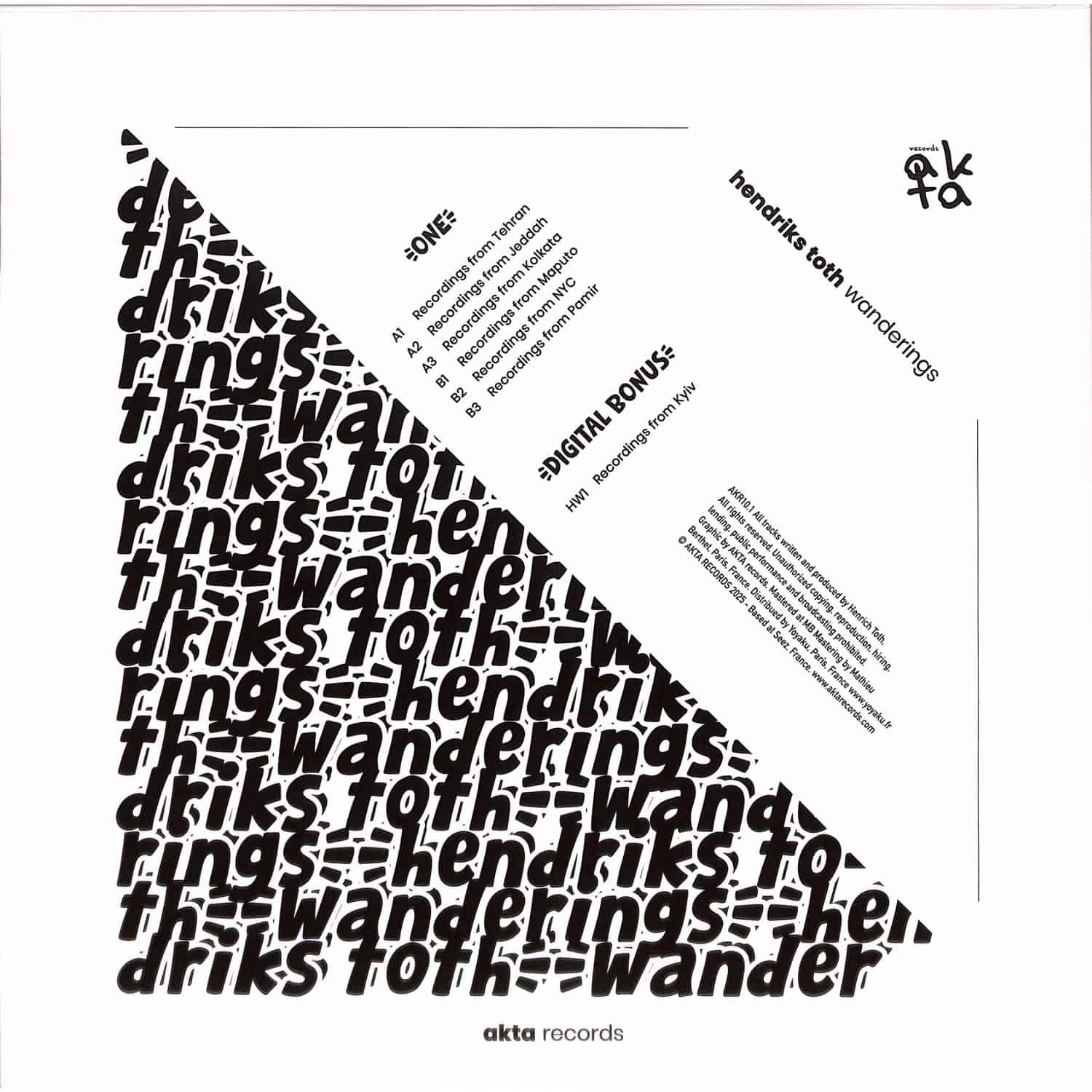 Yoyaku Hendriks Toth Wanderings vinyl record back cover with abstract artwork and track details in a sleek design.