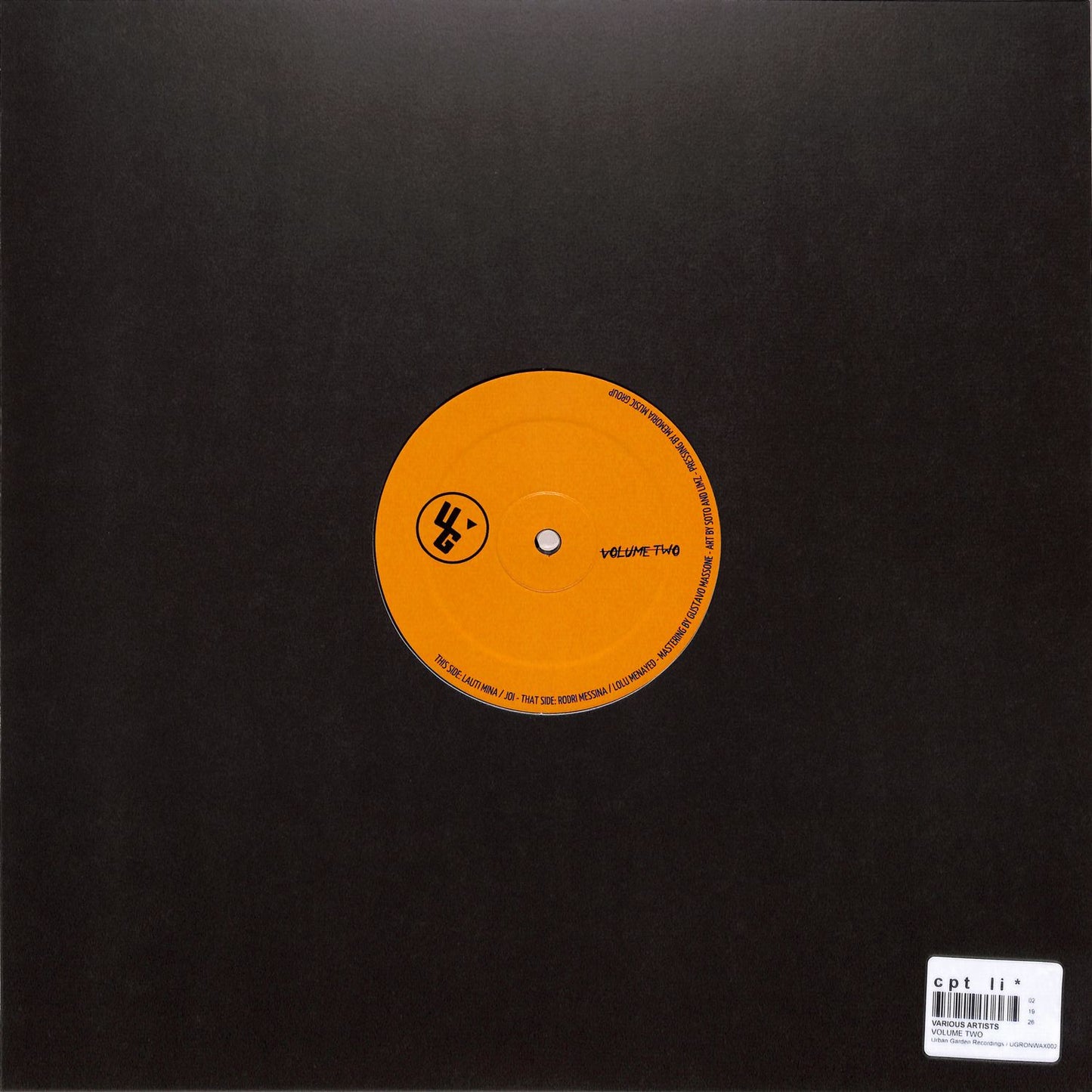 Back view of Triple Vision vinyl record "Rodri Messina, Lolu Menayed, Lauti Mina, Joi – Volume Two" featuring colorful abstract artwork.