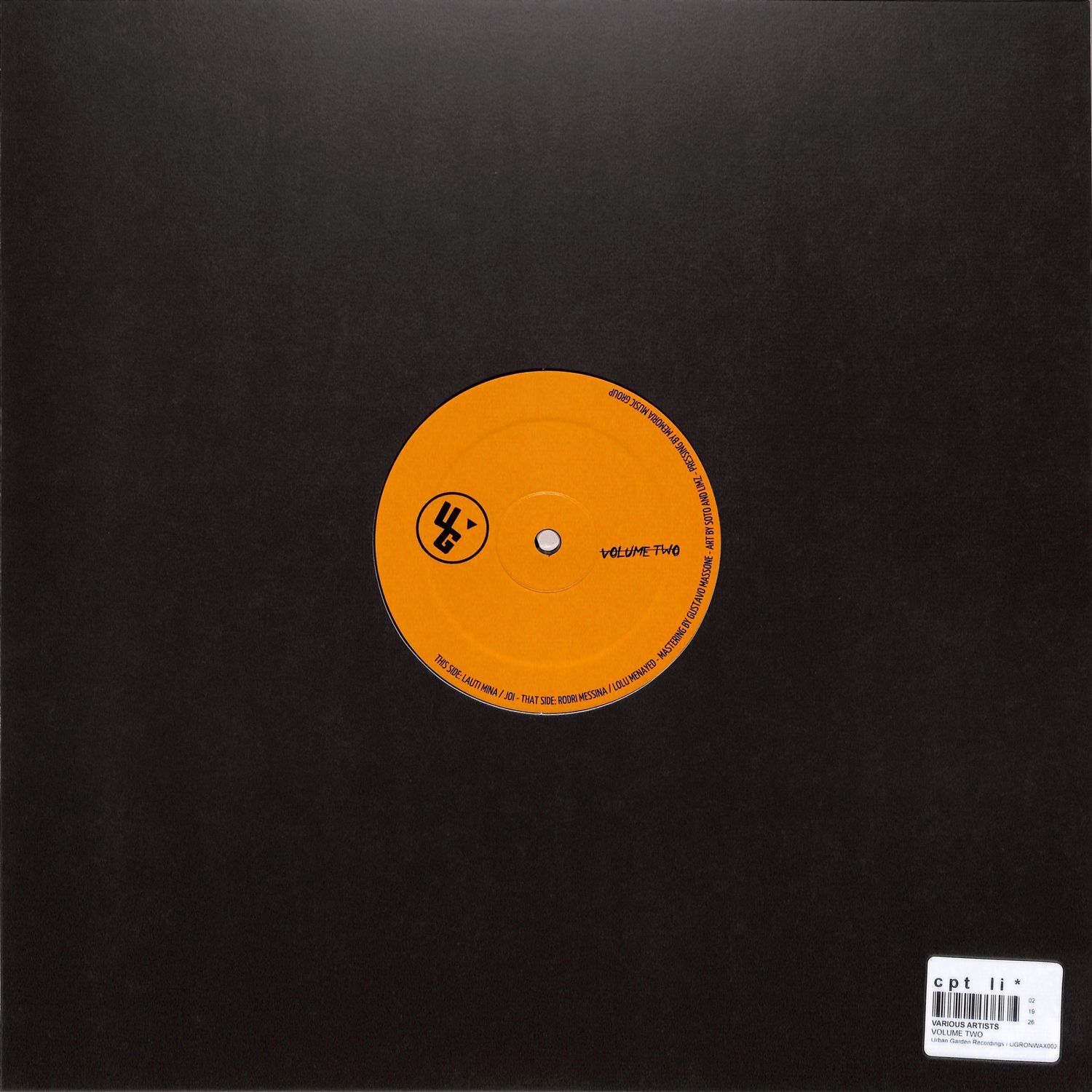 Back view of Triple Vision vinyl record "Rodri Messina, Lolu Menayed, Lauti Mina, Joi – Volume Two" featuring colorful abstract artwork.