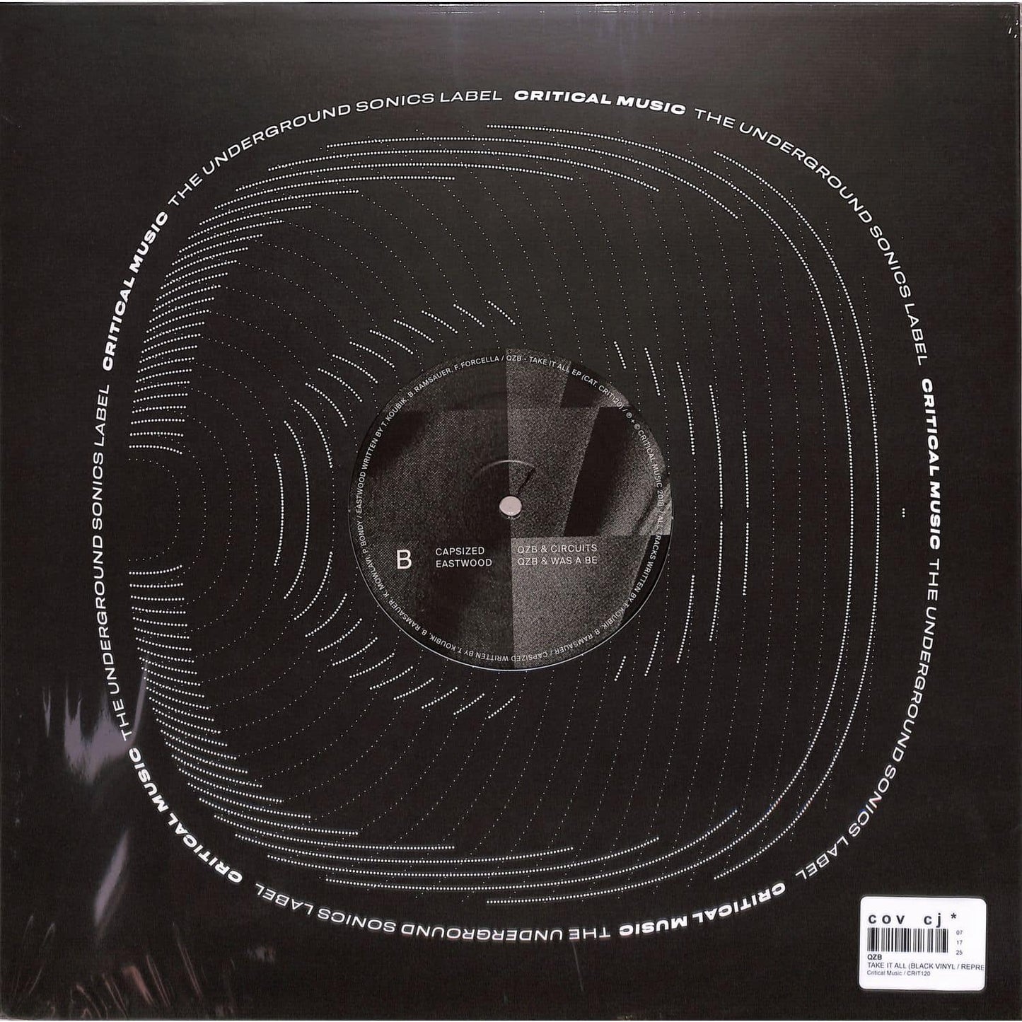 Back cover of QZB Charli Brix Circuits vinyl record by Triple Vision, featuring abstract artwork and track listing.