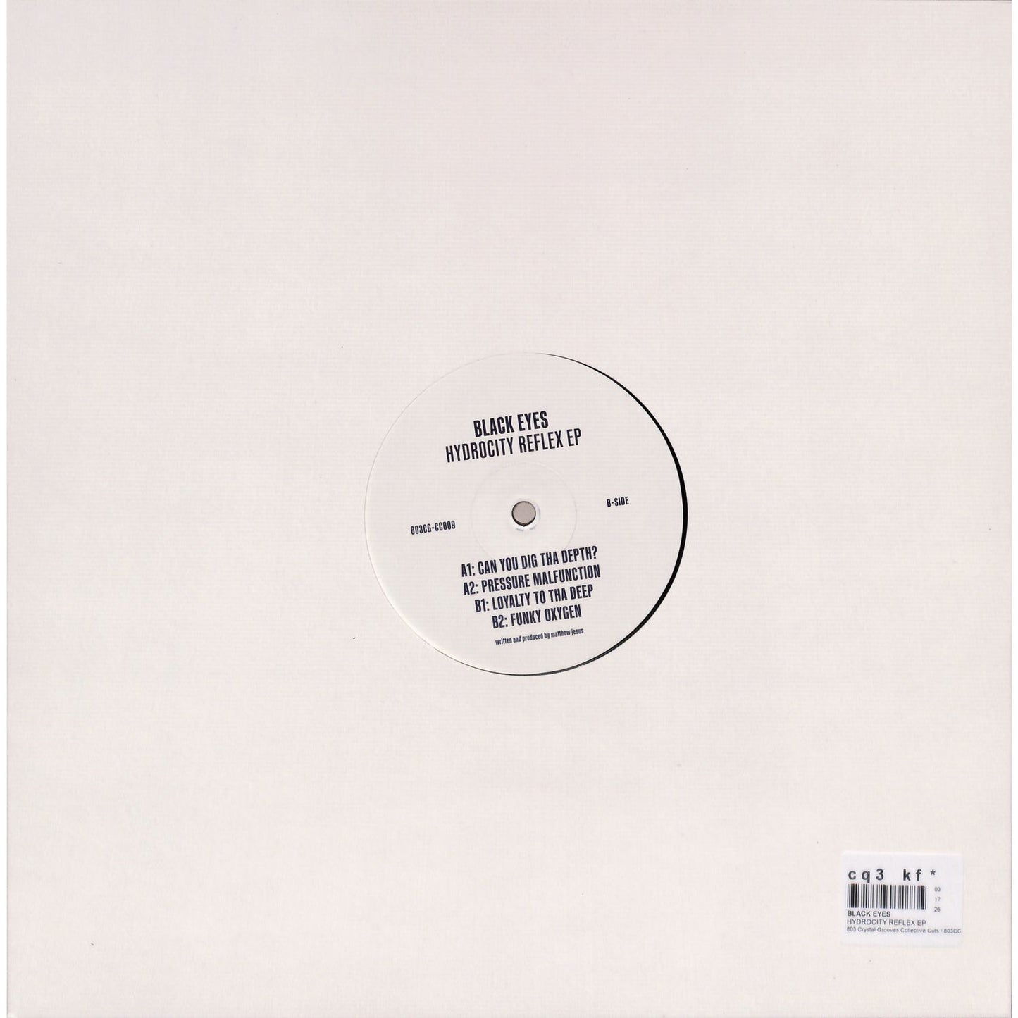 Black Eyes Hydrocitiy Reflex EP vinyl record by DBH, showing the back cover with track listing and artwork details.