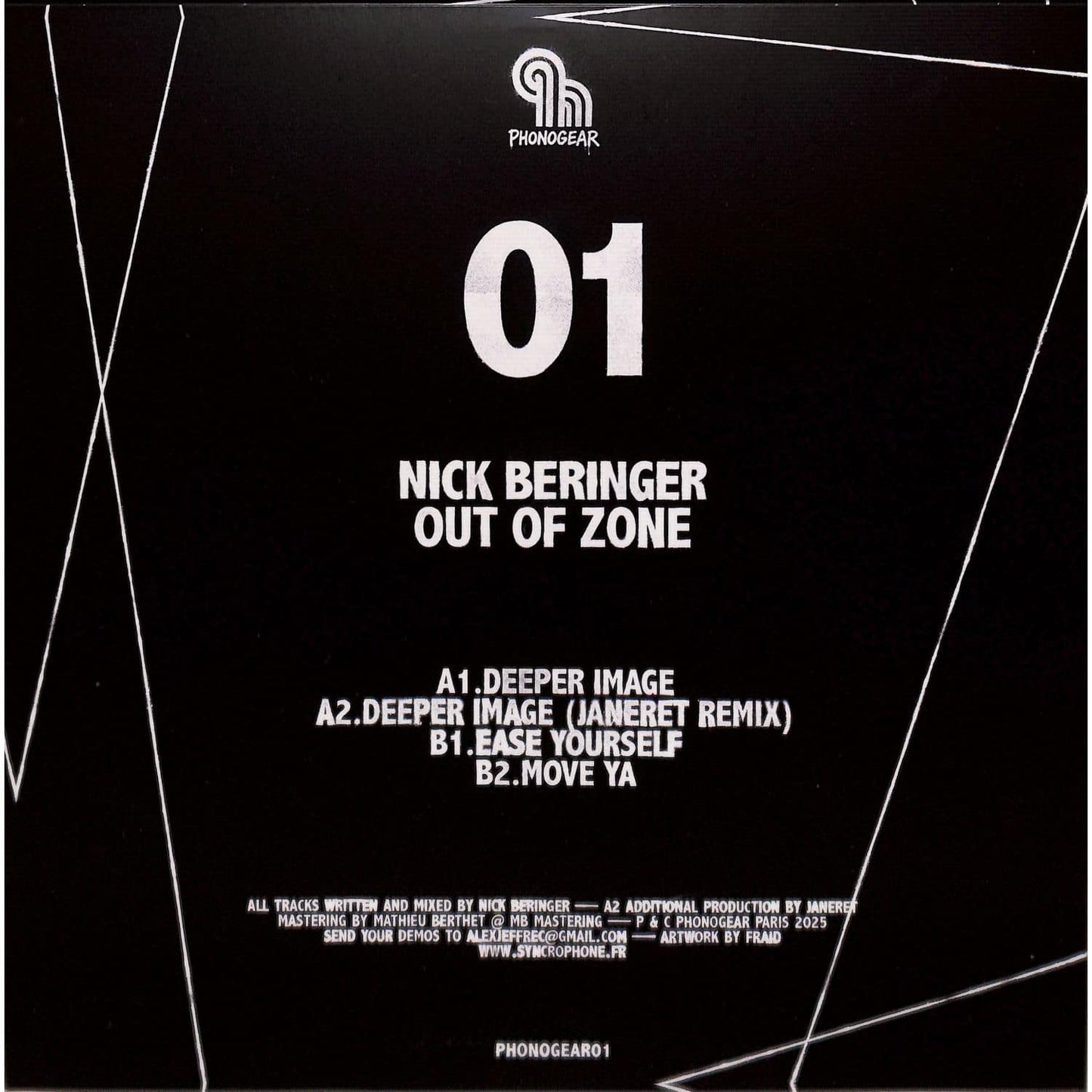 Vinyl record of Nick Beringer and Janeret's "Out of Zone EP" by Syncrophone, showing the back cover with track details.