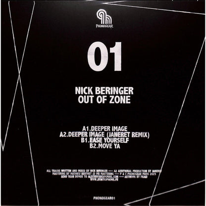 Vinyl record of Nick Beringer and Janeret's "Out of Zone EP" by Syncrophone, showing the back cover with track details.
