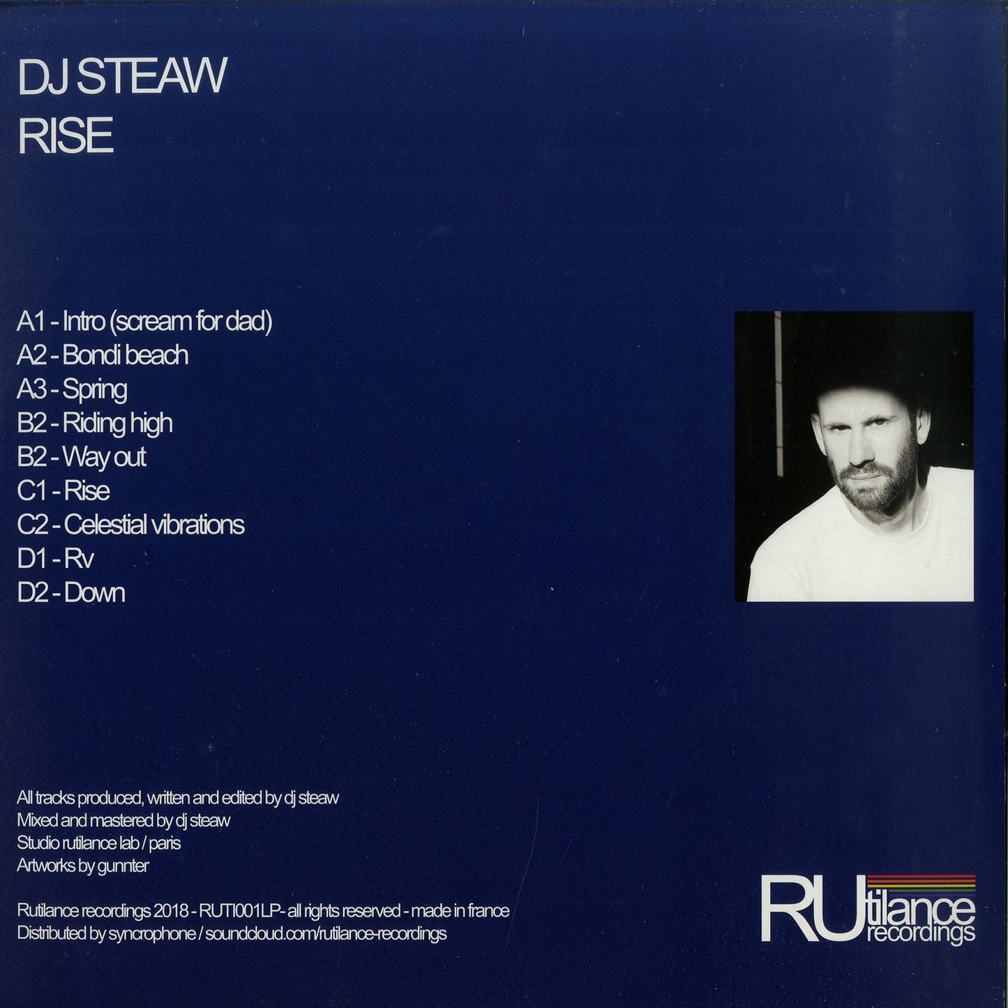 Back of DJ Steaw’s Rise vinyl record by Syncrophone featuring the album cover design and record label details.