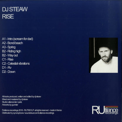 Back of DJ Steaw’s Rise vinyl record by Syncrophone featuring the album cover design and record label details.