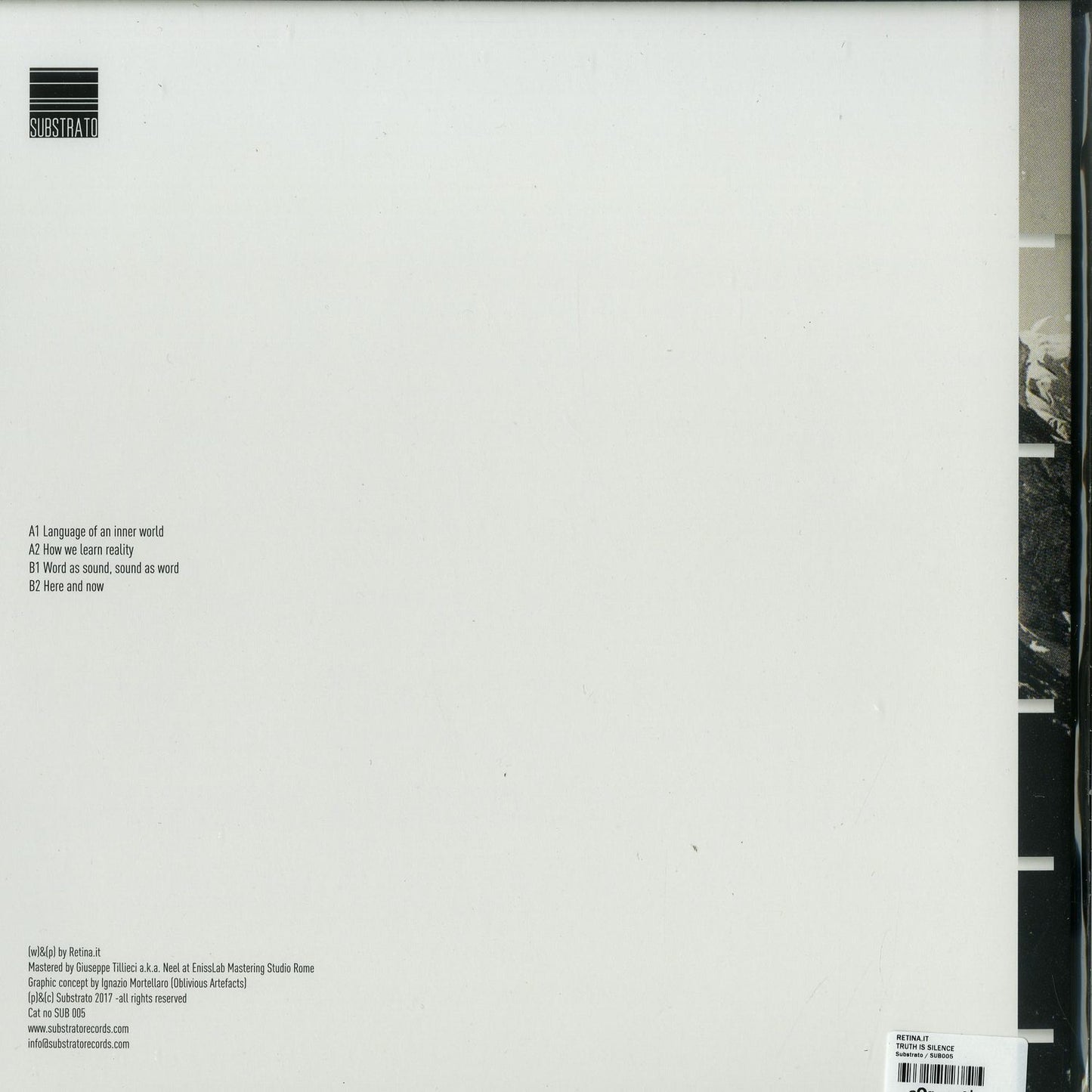 Back view of Second Hand RETINA.IT vinyl record titled "Truth Is Silence" with visible black vinyl and minimal design elements.