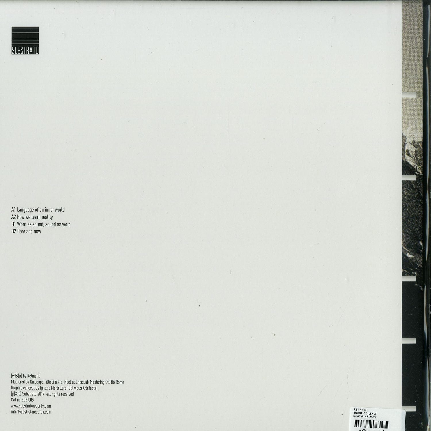 Back view of Second Hand RETINA.IT vinyl record titled "Truth Is Silence" with visible black vinyl and minimal design elements.