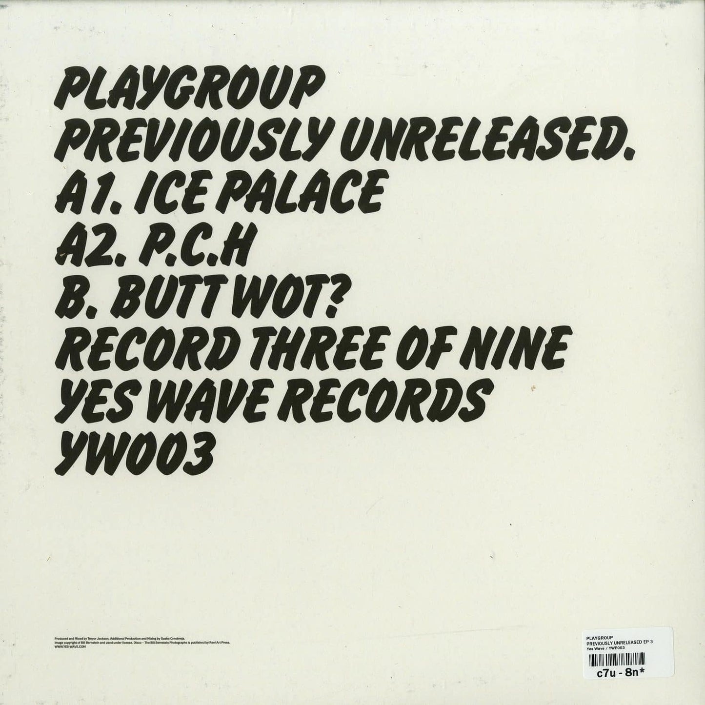 Decks Playgroup Previously Unreleased EP 3 vinyl record with black and white abstract artwork on the back side.
