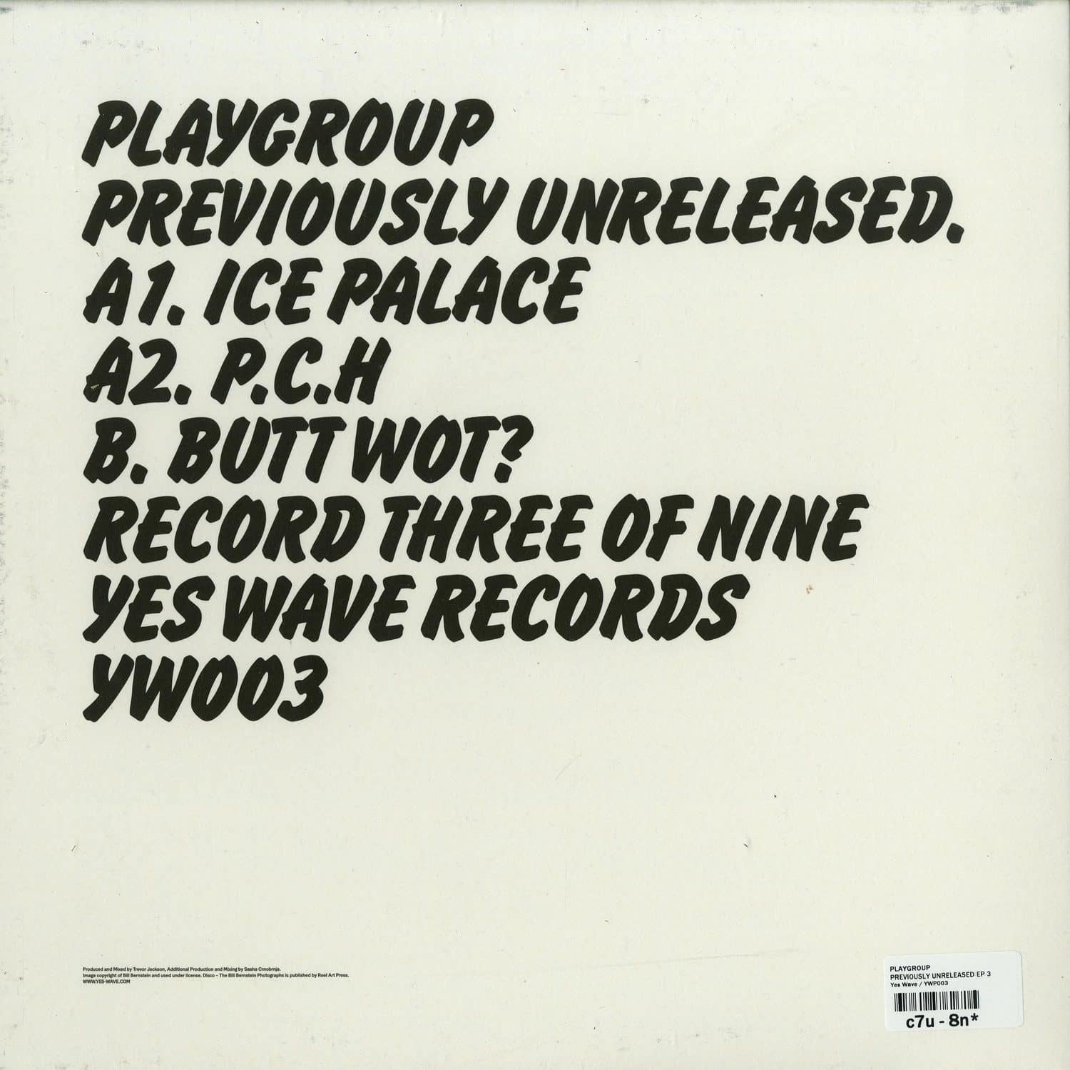 Decks Playgroup Previously Unreleased EP 3 vinyl record with black and white abstract artwork on the back side.