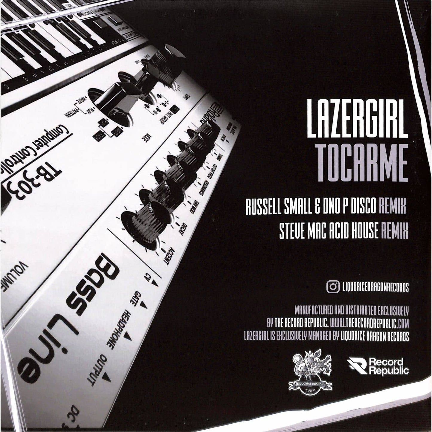 Decks vinyl record by LAZERGIRL, Russell Small & DNO P, Steve Mac titled Tocarme, showing the back cover art.