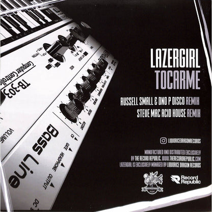 Decks vinyl record by LAZERGIRL, Russell Small & DNO P, Steve Mac titled Tocarme, showing the back cover art.