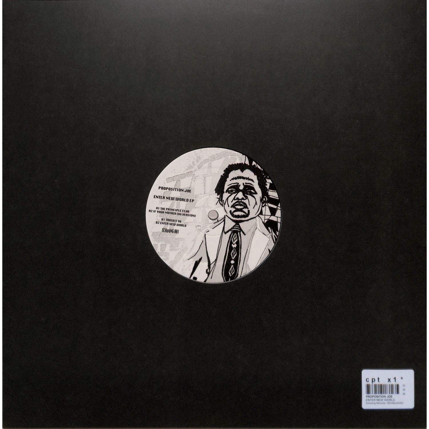 Back cover of Proposition Joe's "Enter New World" vinyl record by Triple Vision, featuring artwork and track details.