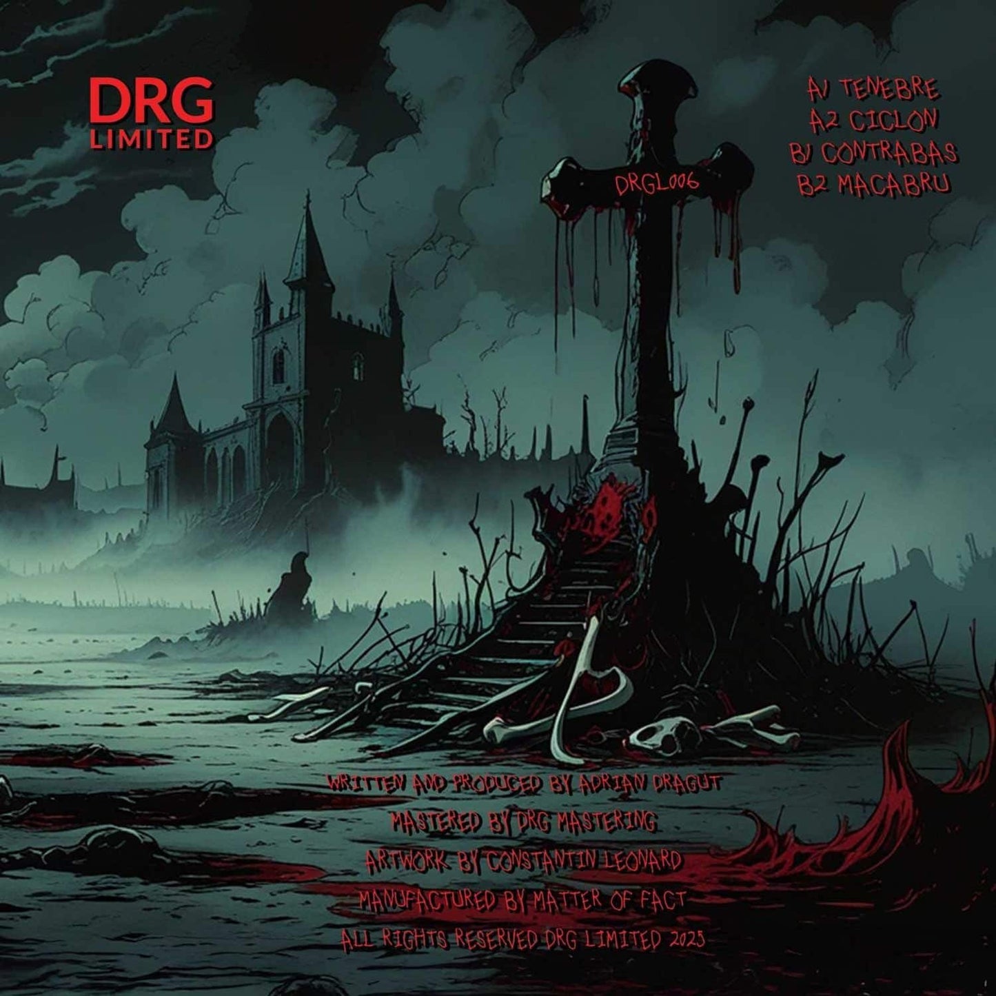 Decks DRAGUTESKU – TENEBRE vinyl record with black and white artwork, showcasing the back cover design.