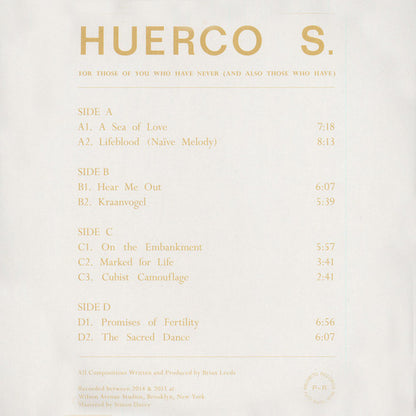 Second Hand vinyl record "HUERCO S. – For Those of You Who Have Never," showing the back cover with artwork and text.