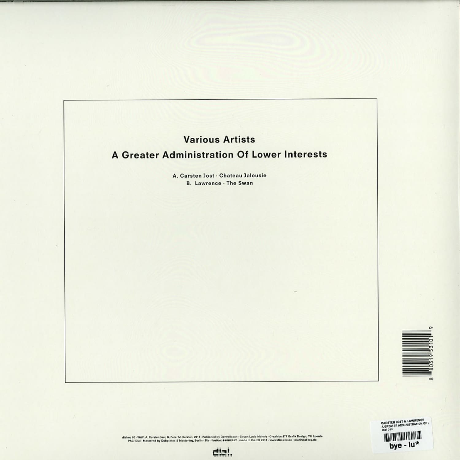 Second Hand vinyl record of CARSTEN JOST / LAWRENCE titled "A Greater Administration of Lower Interests" showing the back cover artwork.