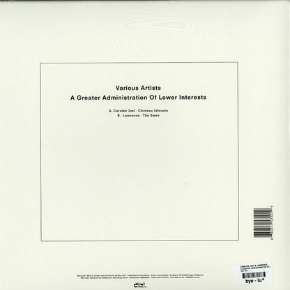 Second Hand vinyl record of CARSTEN JOST / LAWRENCE titled "A Greater Administration of Lower Interests" showing the back cover artwork.