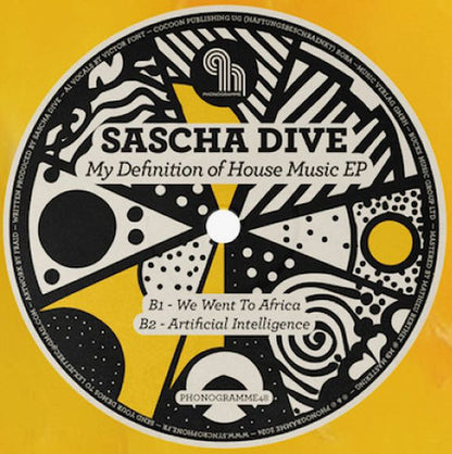 Back of Syncrophone SASCHA DIVE My Definition of House Music EP vinyl record with artwork and catalog details.