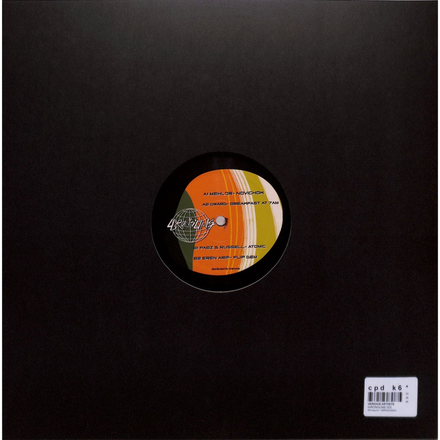 Back of the Triple Vision vinyl record "Wrong'Uns 003" by MEHLOR, OWARD, PABZ, RUSSELL, and EREN ARIF showing the record label and sleeve details.