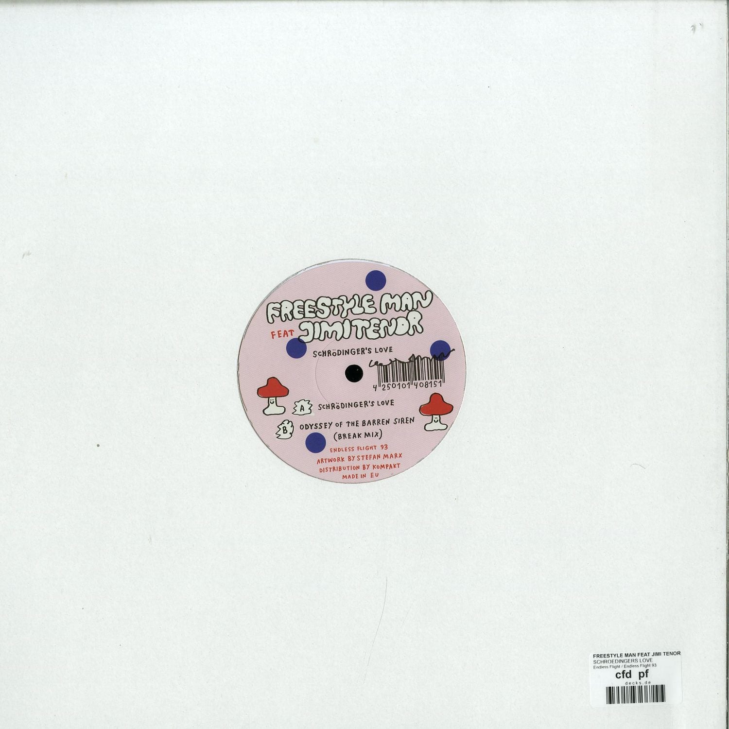 Decks Freestyle Man feat Jimi Tenor vinyl record with back cover art, showcasing the album "Schroedingers Love" in a classic vinyl format.