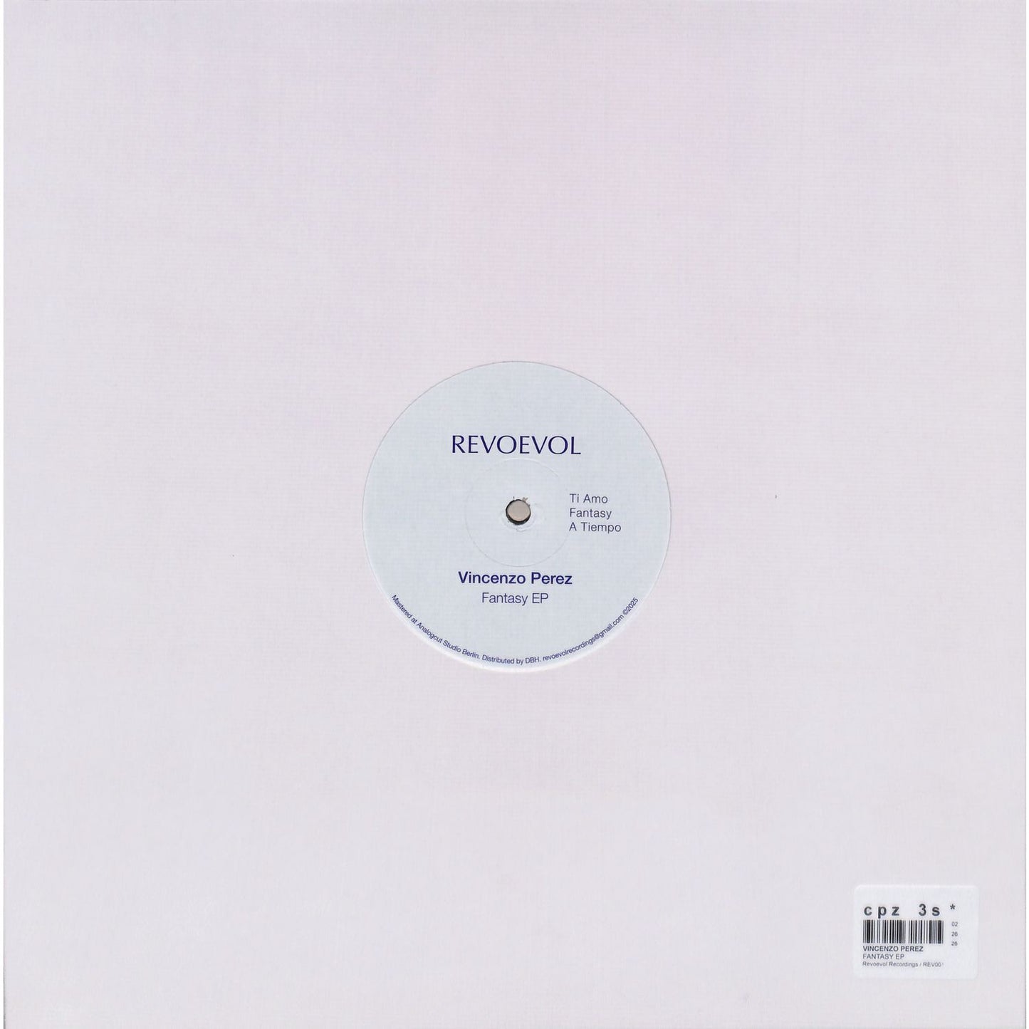 VINCENZO PEREZ Fantasy EP vinyl record by DBH showing the back cover with artwork and track listing.