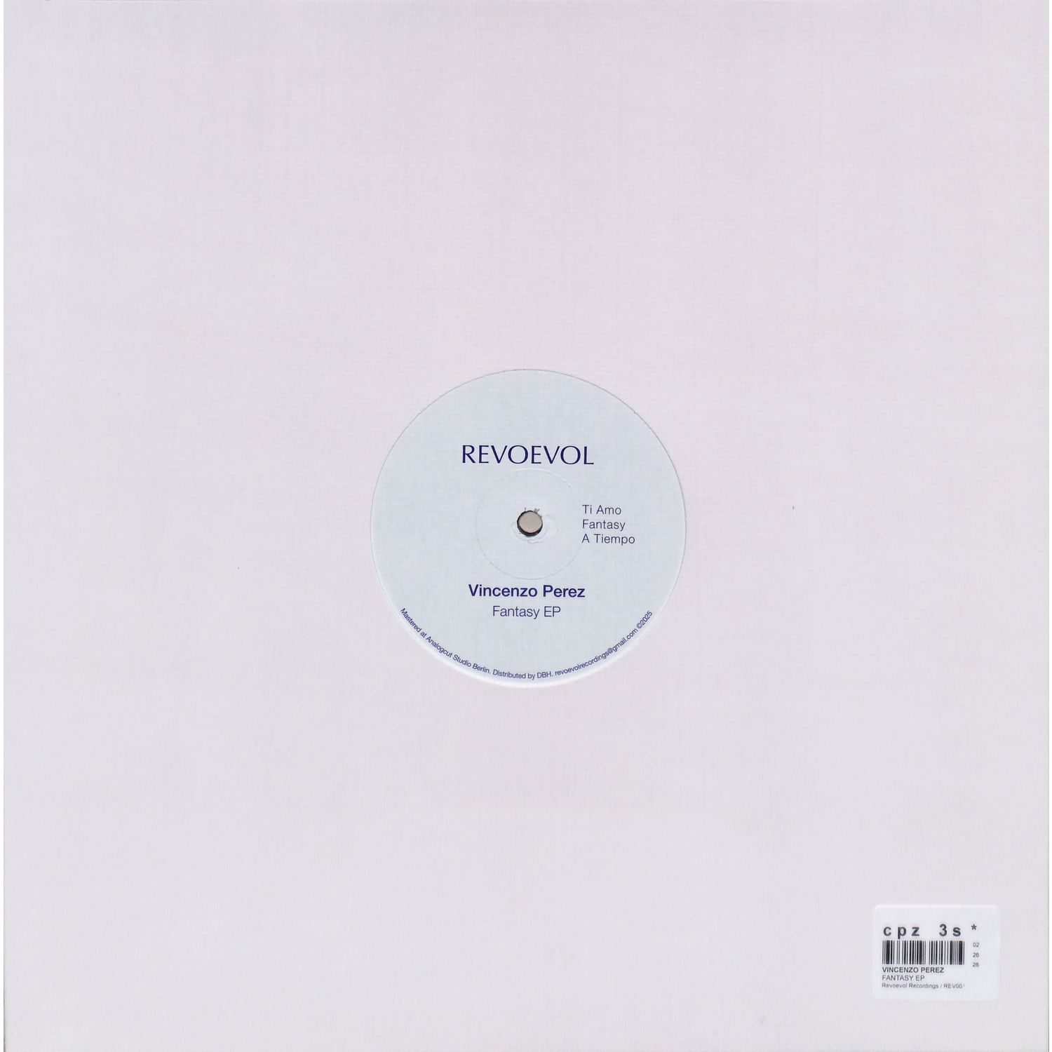 VINCENZO PEREZ Fantasy EP vinyl record by DBH showing the back cover with artwork and track listing.