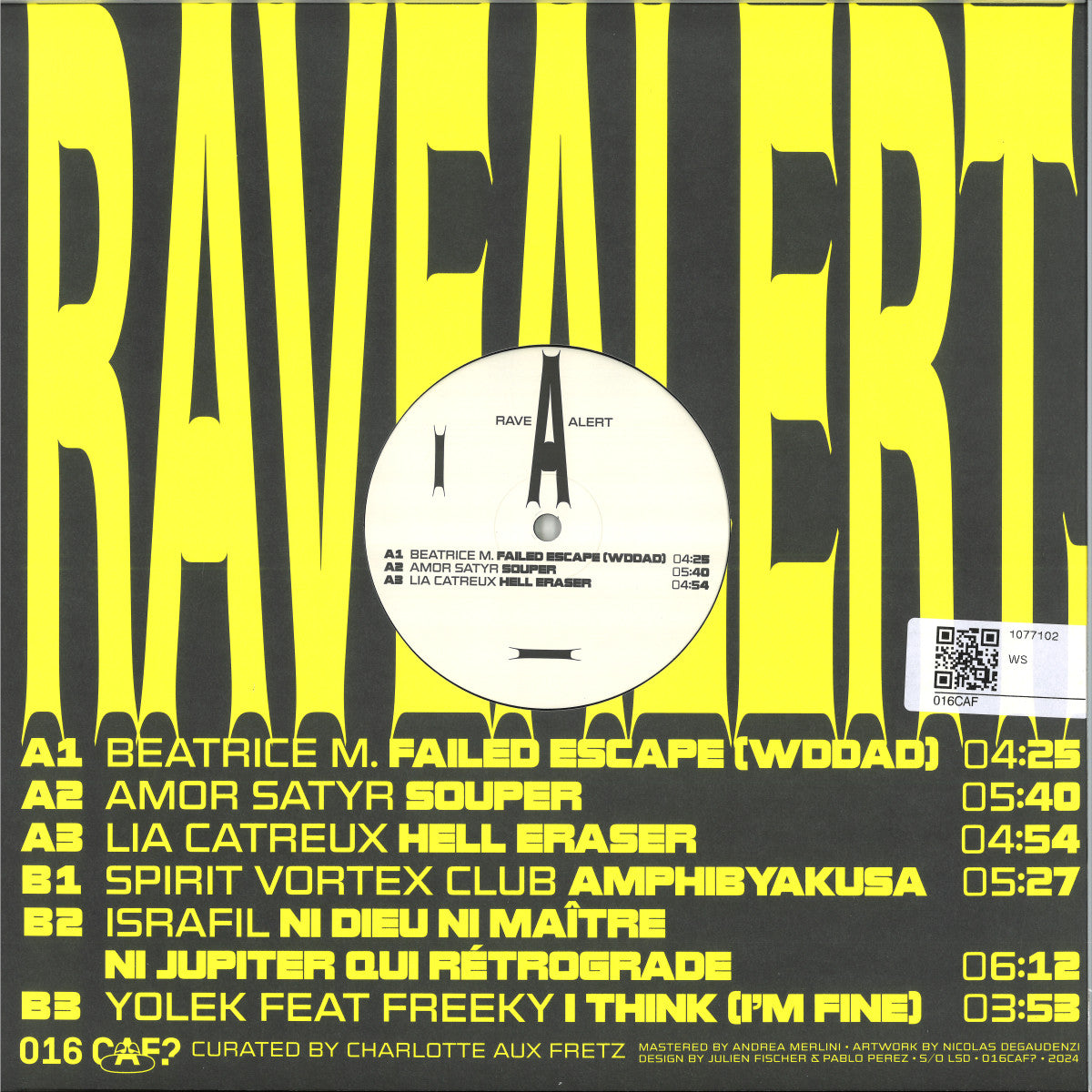 Vinyl record titled "Rave Alert" by Beatrice M., Amor Satyr, Lia Catreux, Spirit Vortex Club, Israfel, Yolek Feat. Freeky, back cover image