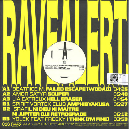 Vinyl record titled "Rave Alert" by Beatrice M., Amor Satyr, Lia Catreux, Spirit Vortex Club, Israfel, Yolek Feat. Freeky, back cover image