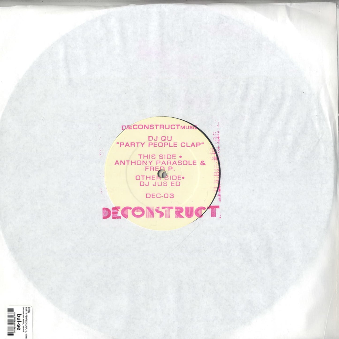 Second hand vinyl record of DJ Jus Ed’s "Party People Clap" featuring LeVon Vincent, Anthony Parasole, and Fred P., back cover image.