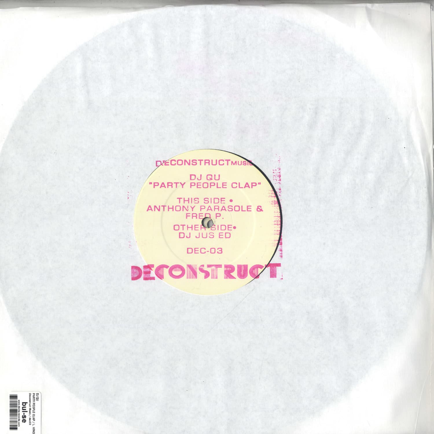 Second hand vinyl record of DJ Jus Ed’s "Party People Clap" featuring LeVon Vincent, Anthony Parasole, and Fred P., back cover image.