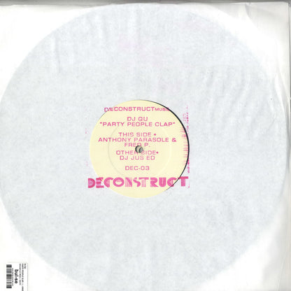 Second hand vinyl record of DJ Jus Ed’s "Party People Clap" featuring LeVon Vincent, Anthony Parasole, and Fred P., back cover image.