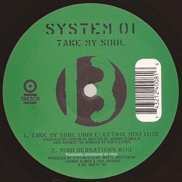 Second Hand vinyl record of SYSTEM 01, SUN ELECTRIC – TAKE MY SOUL, showing the back cover with artwork and track details.