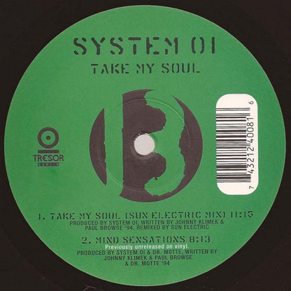 Second Hand vinyl record of SYSTEM 01, SUN ELECTRIC – TAKE MY SOUL, showing the back cover with artwork and track details.
