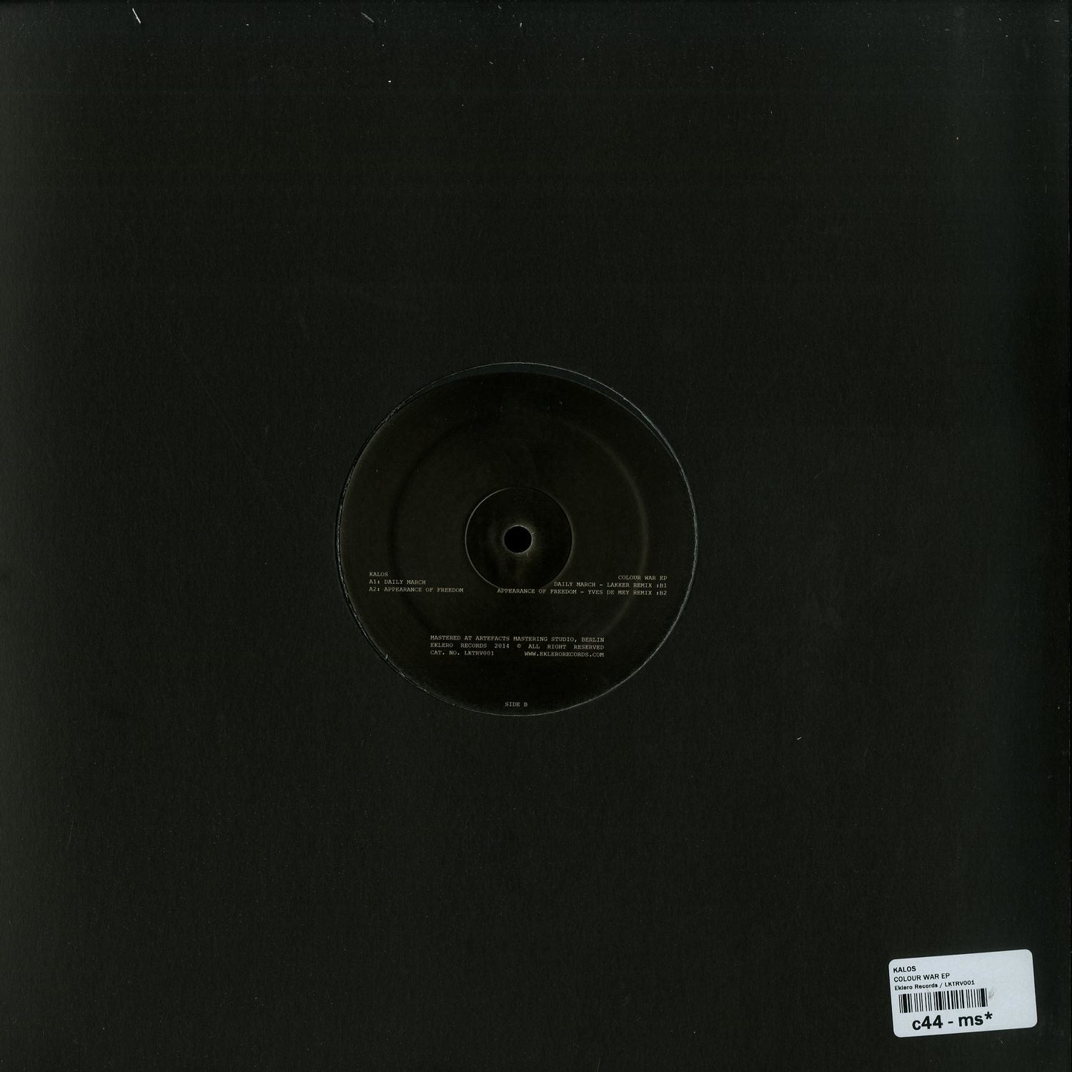 Second hand Yves de Mey Colour War EP vinyl record by KALOS Lakker, showing the back cover with artwork and track details.